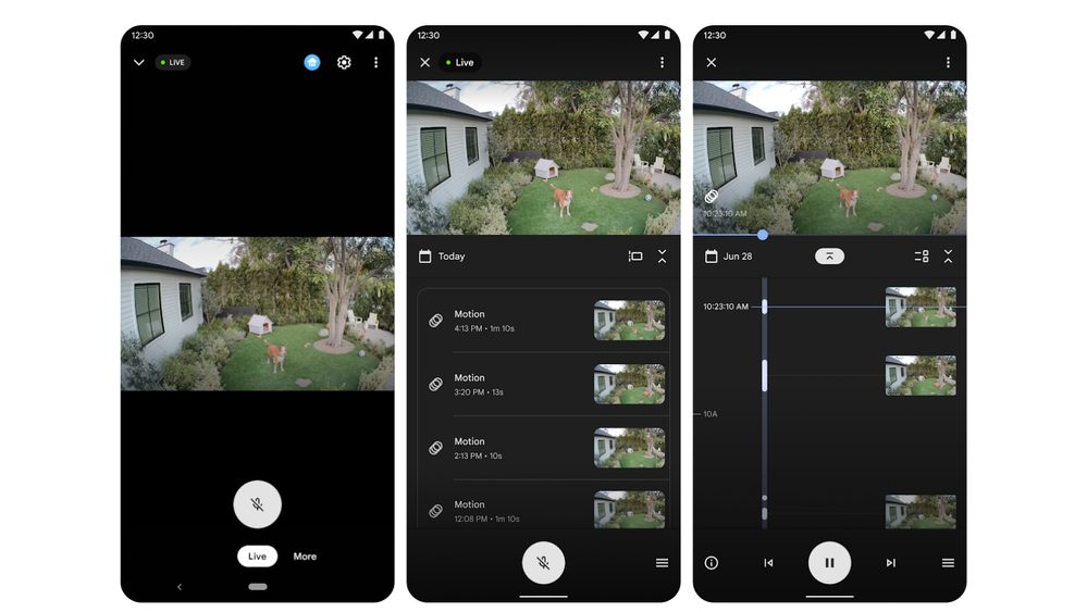 Sample Google Home app images: Your camera experience before you transfer your camera (left image) and after you transfer your camera with event list (middle image) and timeline views (right image)