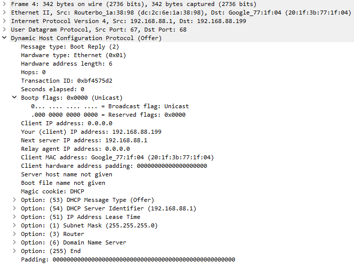 SUCCESSFUL DHCP Offer message from router (MikroTik ROS 7.2.1)
