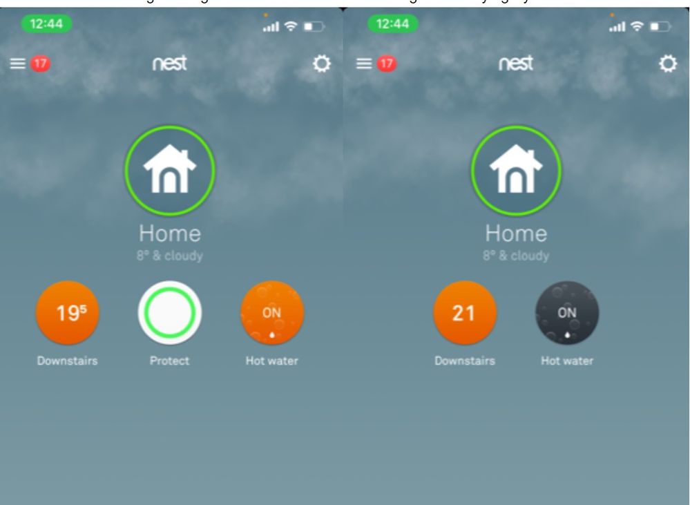 Screen shot of two thermostats on hot water boost one working, the other is not
