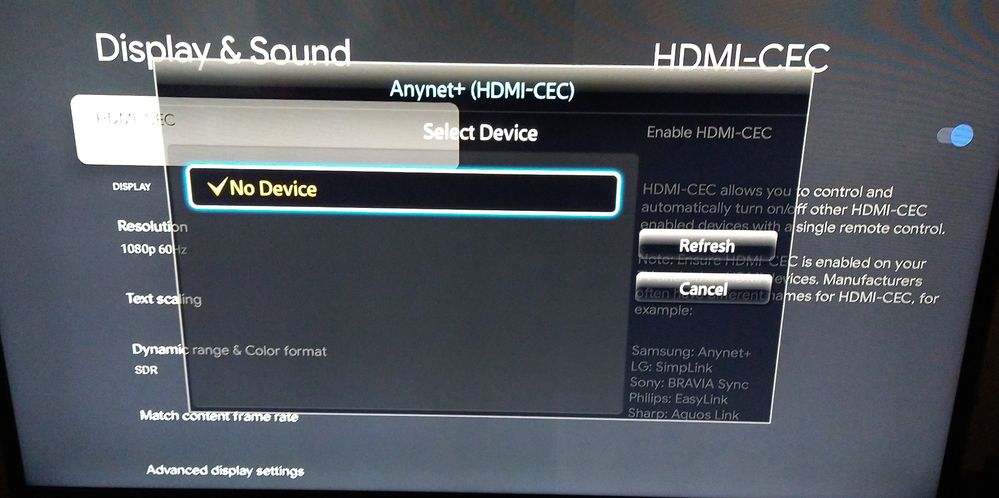 Chromecast settings show CEC enabled and Samsung Anynet+ does not list device