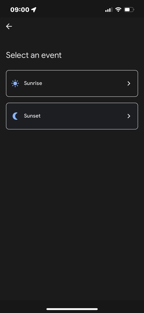 Creating routine in app, choosing Sunrise/Sunset