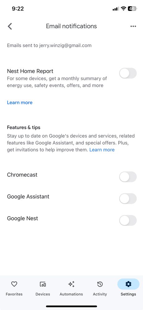 Email options for tips in Home app