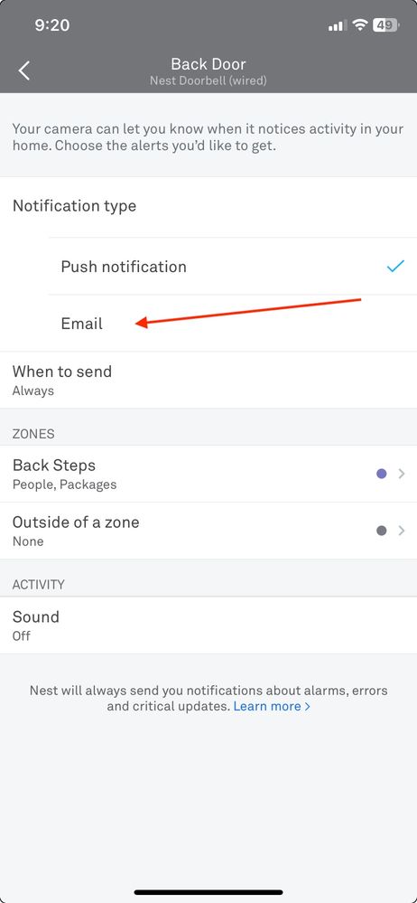 Email notifications for camera events in Nest app