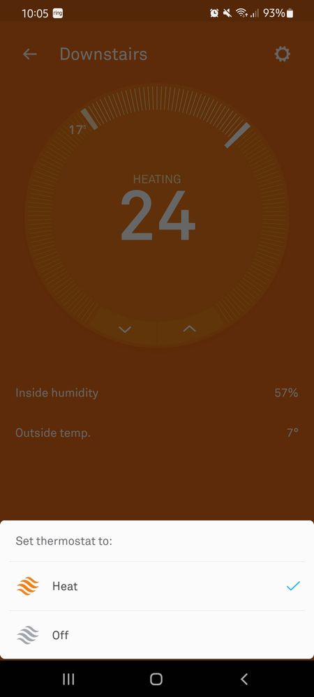 Turning heating on, manually on app