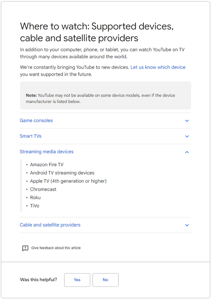 "Note: YouTube bay not be available on some device models, even if the device manufacturer is listed below."